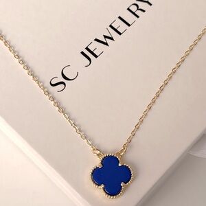Royal Blue Clover Necklace 14k Gold Tone Double Sided